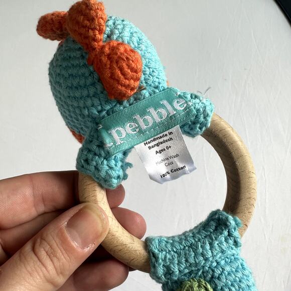 Pebble Hand Knit Turquoise Dinosaur Wooden Teething Ring w/ Rattle - Picture 4 of 10